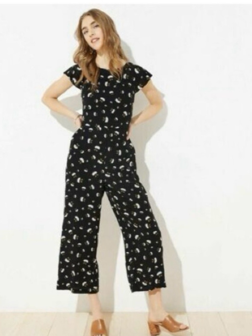 Loft Women’s Black Printed Wide-Leg Jumpsuit
